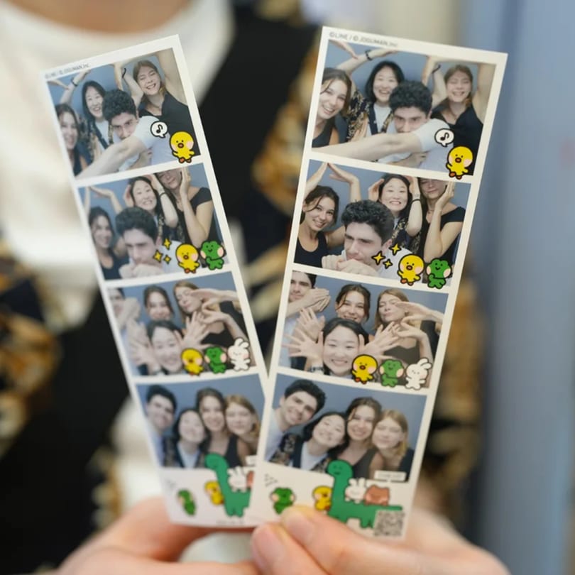 Two photo strips with multiple images of diverse groups of friends posing playfully.