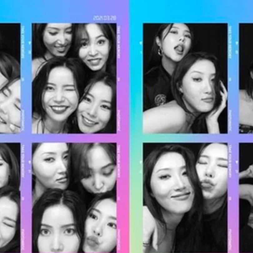 A collage of black and white photo booth pictures featuring groups of smiling Korean women.