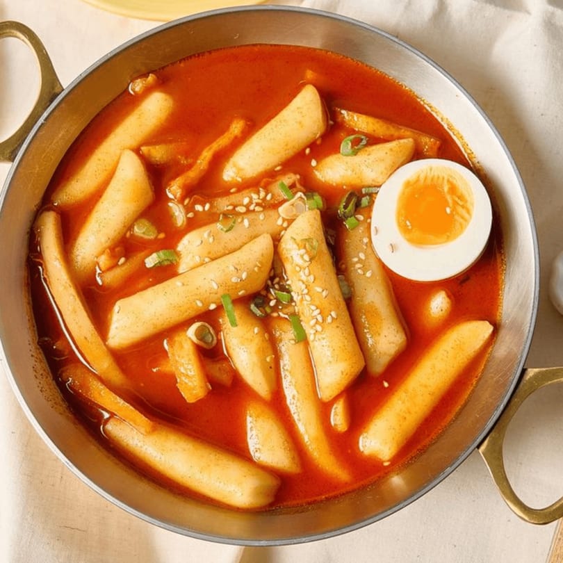 A metal bowl of K-Town Snack Bar's tteokbokki, with rice cakes, red sauce, and a boiled egg.